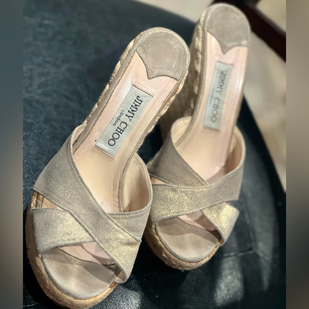 Jimmy Choo 8 Womens Shimmer Gold espadrille Wedge Crisscross pre owned size 38